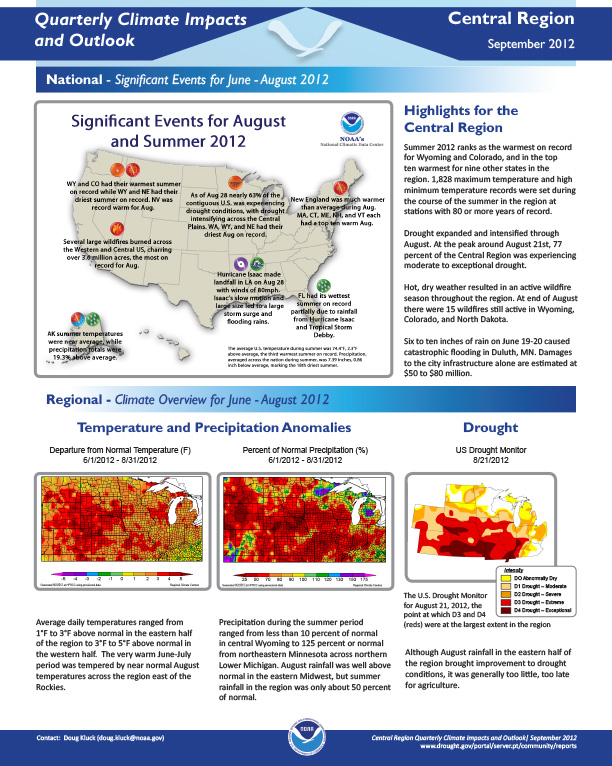 first page of two-pager on Quarterly Climate Impacts and Outlook for the Central Region, September 2012