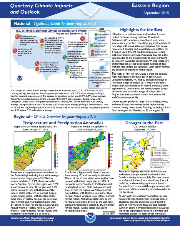 First page of two-pager showing quarterly climate impacts and outlook for the Eastern region