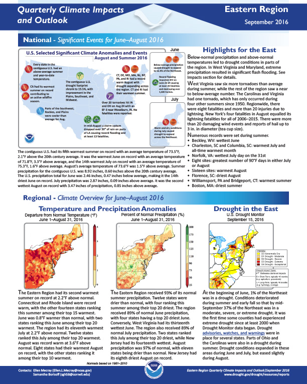 first page of outlook on Quarterly Climate Impacts for the Eastern Region, September 2016