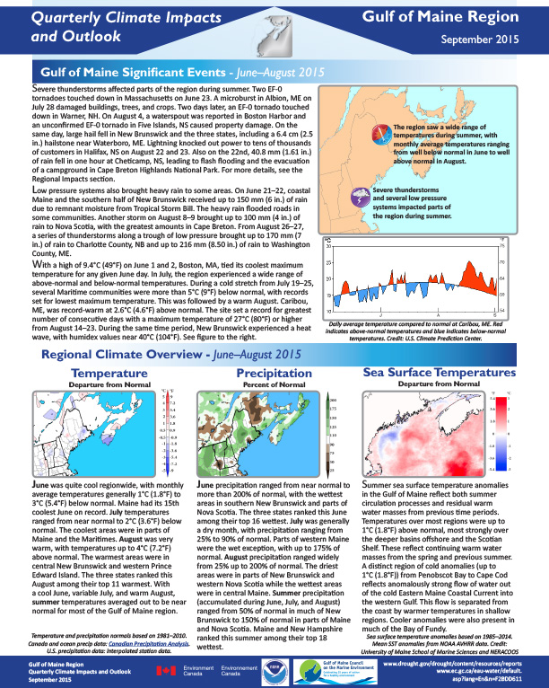 First page of two-pager showing quarterly climate impacts and outlook for the Gulf of Maine