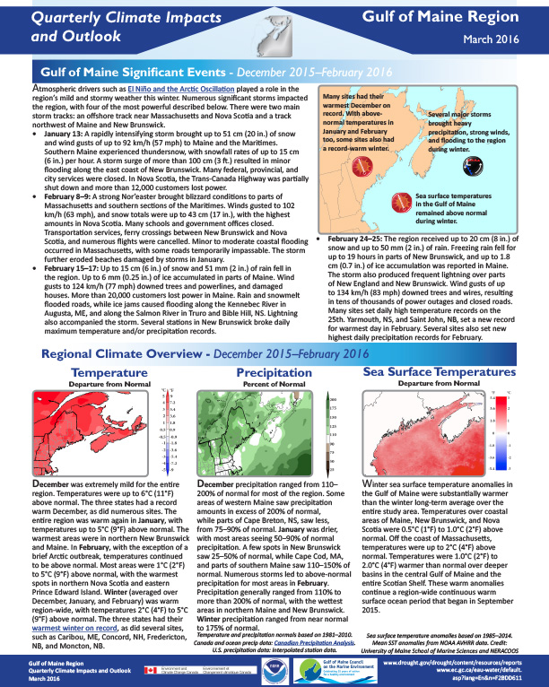 First page of outlook on Quarterly Climate impacts for the Gulf of Maine Region, March 2016