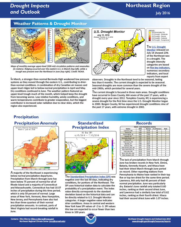 first page of outlook on Drought Impacts for the Northeast Region, July 2016