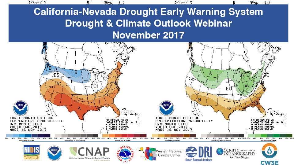 Title slide from presentation from California-Nevada Drought and Climate Outlook Webinar showing the title, date, two temperature maps of the U.S., NIDIS, NOAA, CNAP, National Weather Service, Western Regional Climate Center, DRI, CW3E, Scripps Institution of Oceanography logos on a white background and a dark blue header