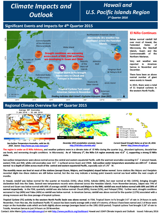 First page of two-page outlook on Quarterly Climate Impacts for the Pacific Region, March 2016