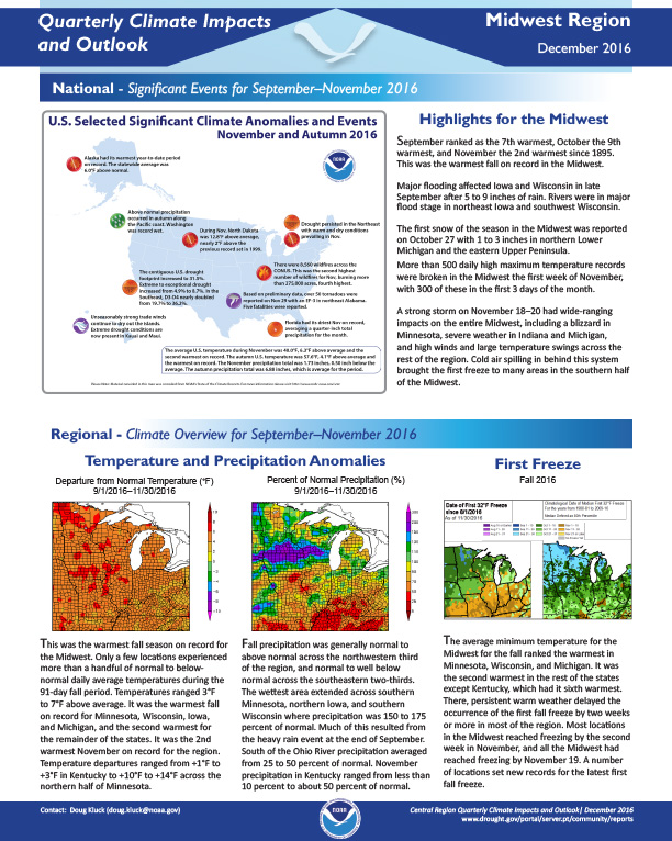 First page of outlook on Quarterly Climate Impacts for the Midwest Region, December 2016