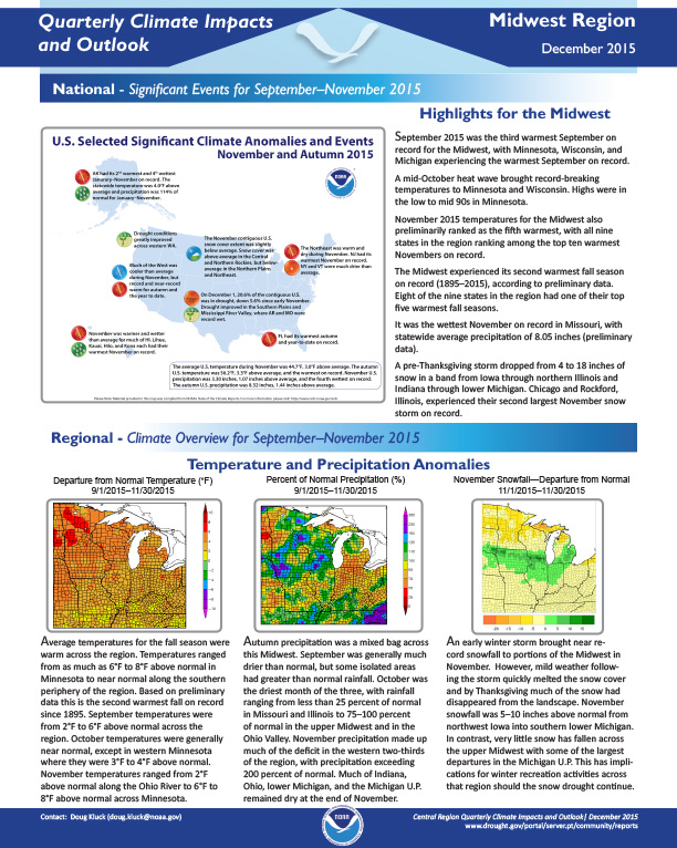 first page of two-page outlook on Quarterly Climate Impacts for the Midwest Region, December 2015