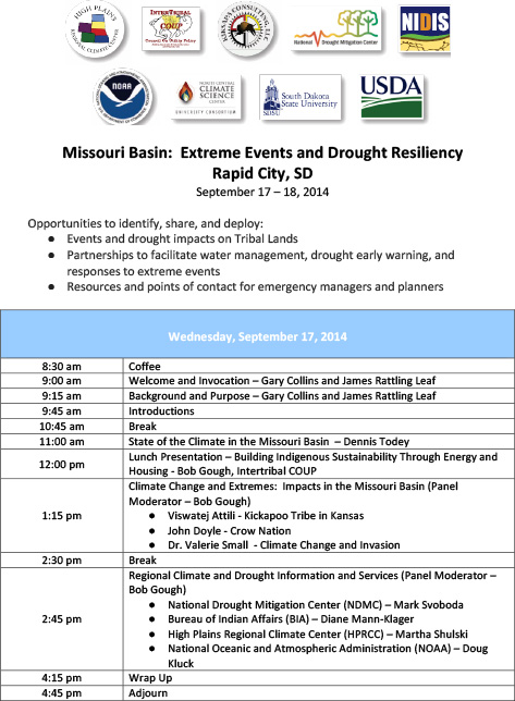 first page for agenda on Tribal Engagement Workshop: Extreme Events and Drought Resiliency