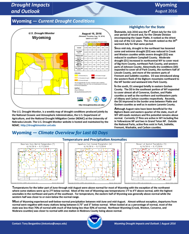 first page of outlook on Wyoming Drought Impacts and Outlook, August 2016