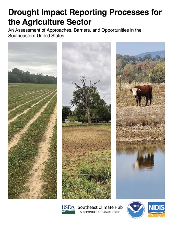 Cover page of the report, Drought Impact Reporting Processes for the Agricultural Sector, with three images showing farmland, dry soil, and livestock during droughts.