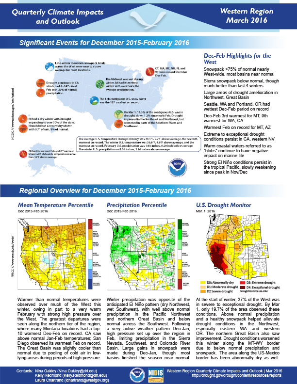 First page of two-page outlook onQuarterly Climate Impacts for the Western Region, March 2016