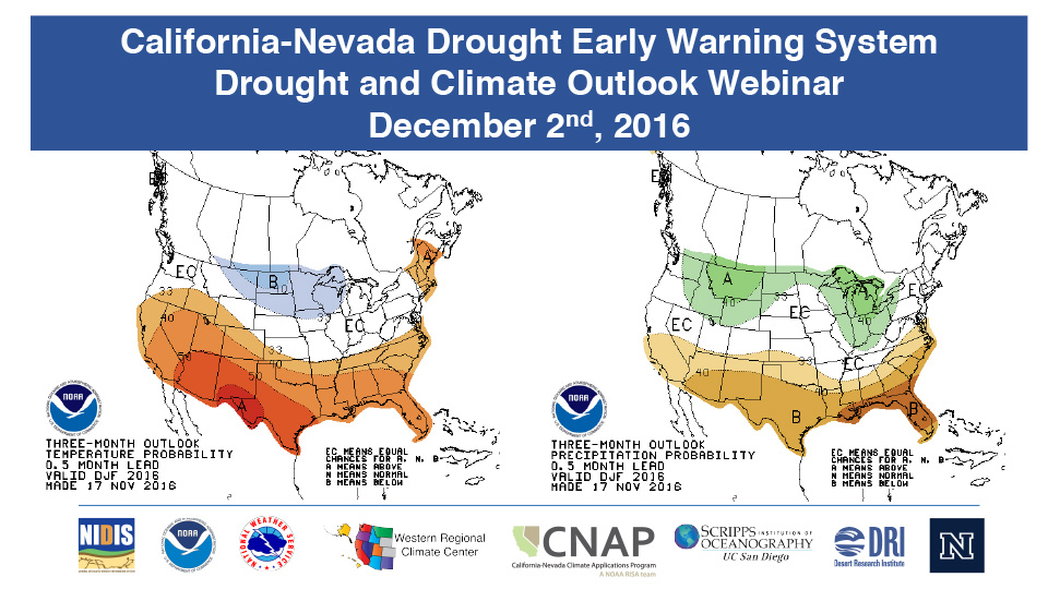 Title slide from presentation on California-Nevada Drought Early Warning System Drought and Climate Outlook Webinar showing the title, date, maps, and NIDIS, NOAA, National Weather Service, Western Regional Climate Center, California-Nevada Climate Applications Program, Scripps Institution of Oceanography, and Desert Research Institute logos