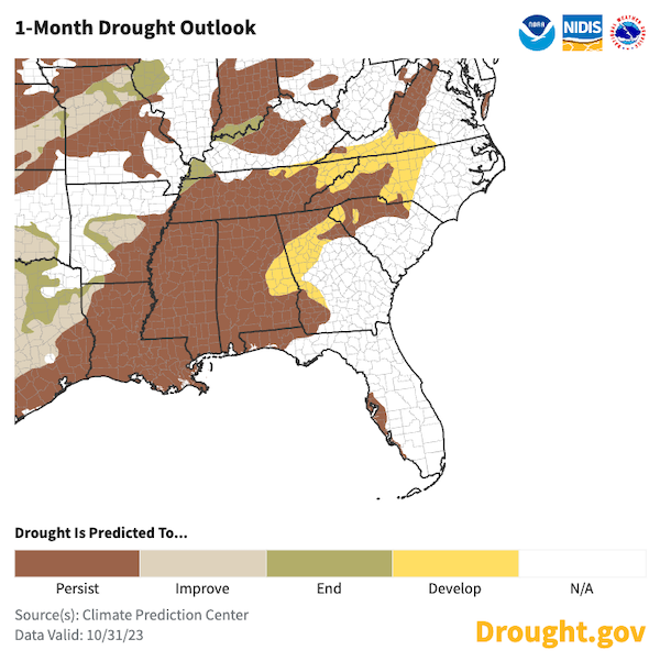 In November, drought is expected to persist in the areas where it is already present and expand in western Virginia, North Carolina, Georgia, and in Tennessee and Alabama.