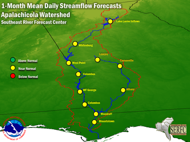 The 1-month mean daily streamflow forecast for the Apalachicola Watershed predicts near normal flow conditions.
