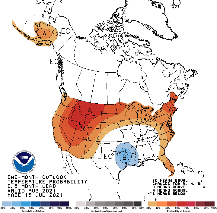 Month showing the probability of exceeding the median temperature for the month of August 2021. Odds favor above-normal temperatures for most of the western U.S..