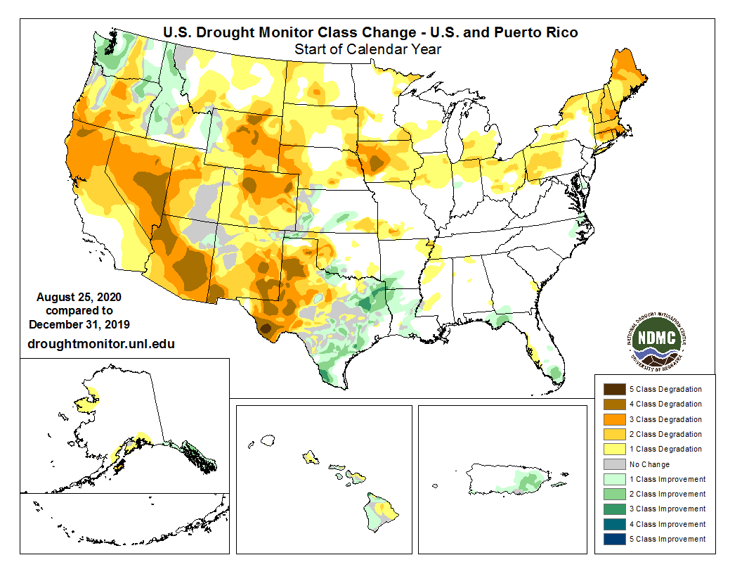 U.S. Drought Monitor category change map for 2020. The map compares December 31, 2019 to August 25, 2020.