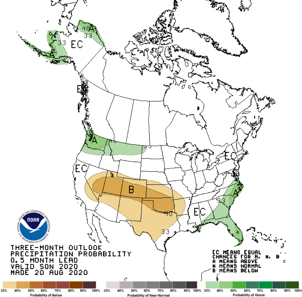 Climate Prediction Center three-month precipitation outlook made on August 20, 2020