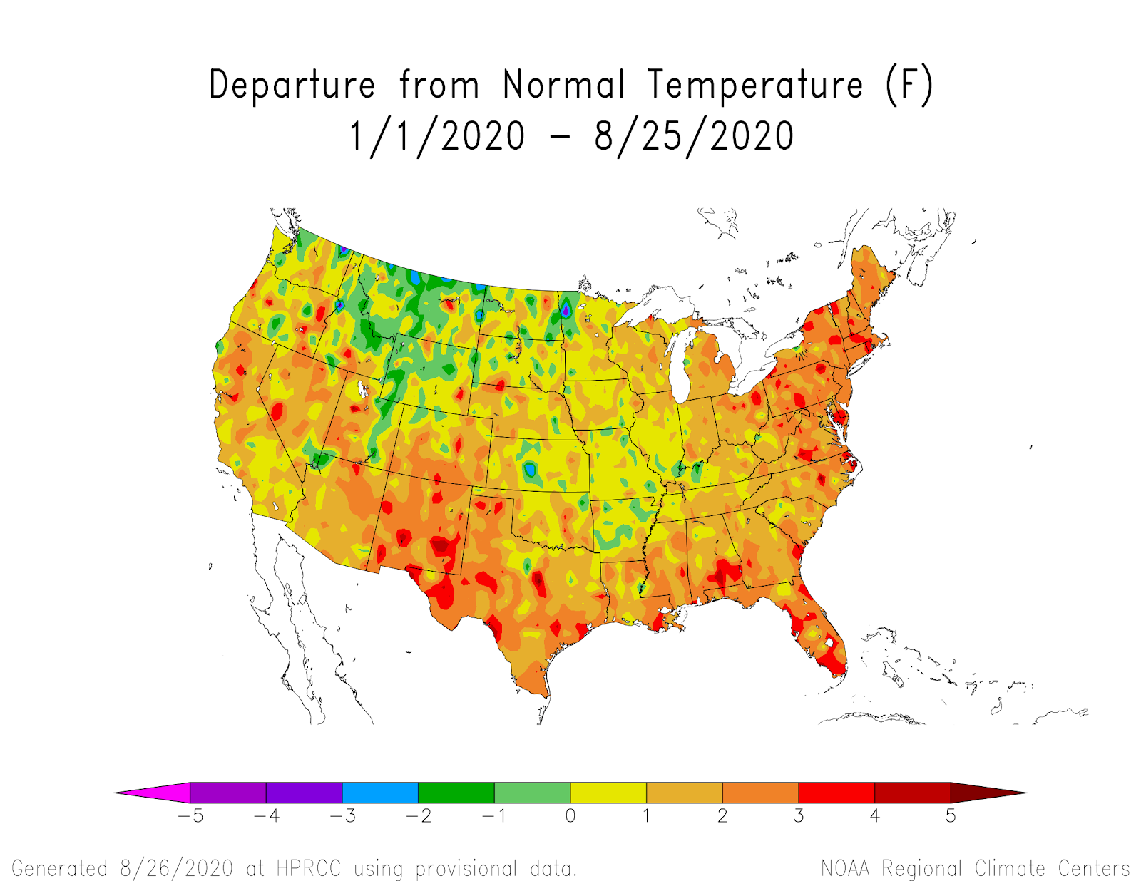 High Plains Regional Climate Center map showing year-to-date departure from normal temperature for the contiguous U.S.