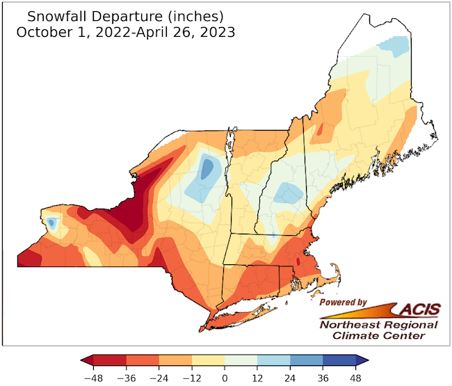 From the start of the water year (October 1, 2022), snowfall is near or below normal across much of the Northeast, except for small parts of New York and New Hampshire.