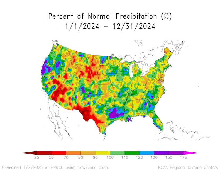 A few dry areas stand out on the percent of normal annual precipitation map, including parts of the Northern Plains, Lower Colorado River Basin, and Far West Texas and southern New Mexico. Northern California, parts of the Northern Midwest, and the Eastern Gulf of Mexico were wetter than average. 