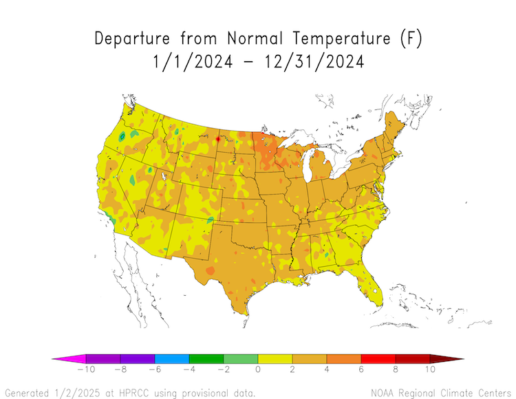 Much of the country was at least 0-2 degrees warmer than normal. Much of the central and northeastern U.S. were up to 4 degrees warmer than normal, except in Minnesota, where annual temperatures were up to 6 degrees above normal.