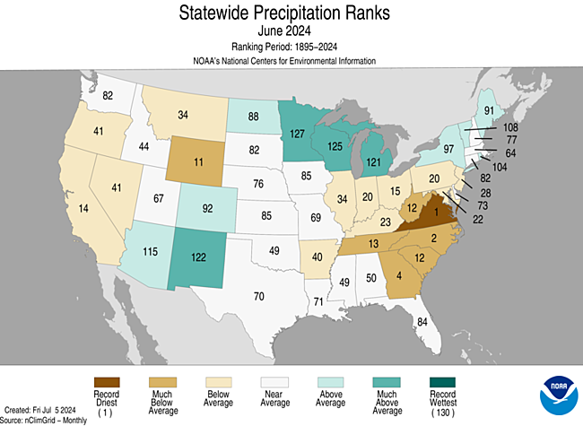 Virginia experienced a record dry June, and North Carolina experienced its second driest June since 1895. Most Southeast states saw below-normal precipitation.