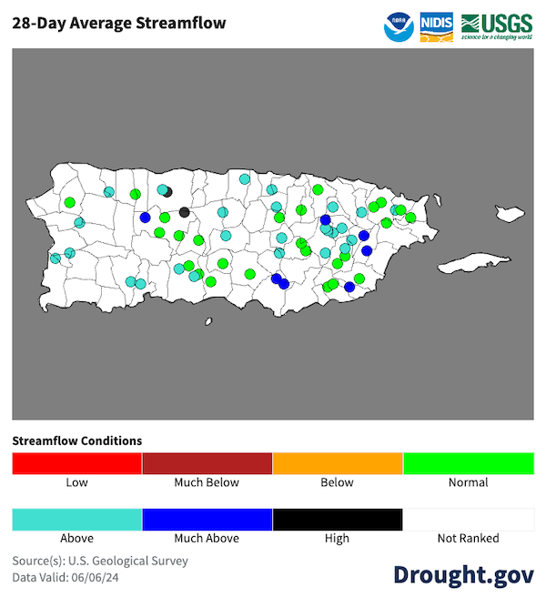28-day average streamflows are near to above normal across Puerto Rico. A few sites are record high.