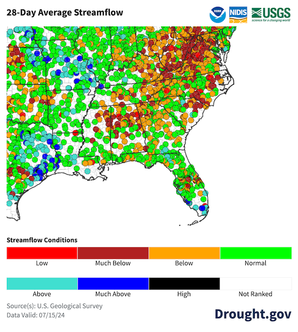  Low streamflow rates are present across those areas in drought, especially in the Carolinas and Virginia.