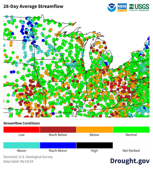 28-day average streamflow, as of September 19, 2024, is below- or much below-normal across Ohio, Indiana, Illinois, Kentucky, and Missouri.