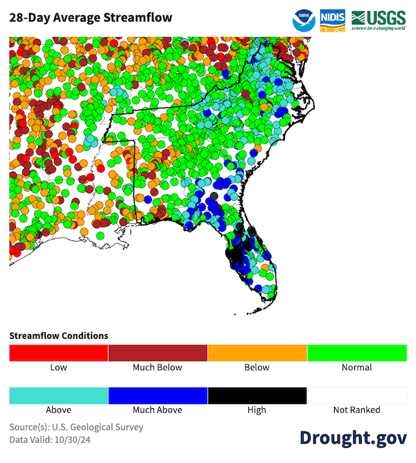 28-day average streamflow rates are currently near normal in most of the Southeast, except for high streamflows in central Florida and below-normal conditions in Alabama.