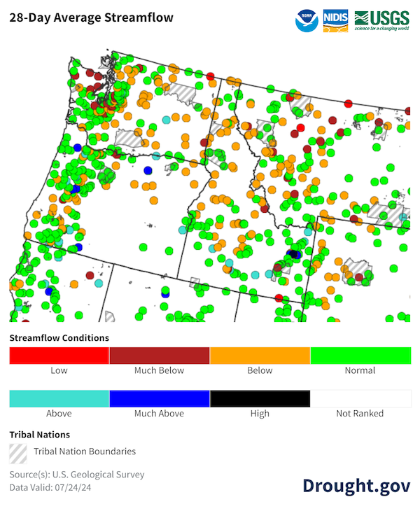 Gages indicate below to much below normal streamflows across Washington, central and eastern Oregon, western Montana, and northern Idaho. Below normal precipitation, above average temperatures, and below normal winter snowpack across most of the Pacific Northwest has resulted in below average streamflow.