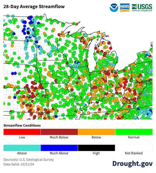 28-day average streamflow, as of October 21, 2024, is below- or much below-normal across many areas including Ohio, Indiana, and northern Michigan, and portions of Illinois, Iowa, Minnesota and Missouri.