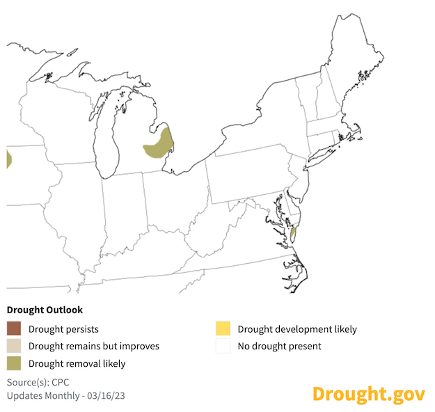Drought is not predicted to develop in the Northeast for March 16–June 30, 2023.