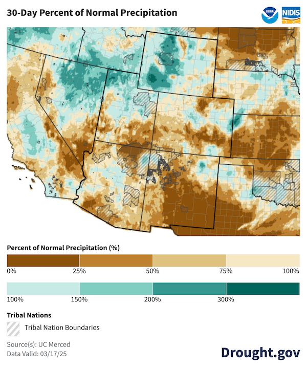  Over the past 30 days, precipitation was below normal for much of southern New Mexico and the Four Corners area of the Intermountain West. Northern parts of the region received near- to above-normal precipitation.