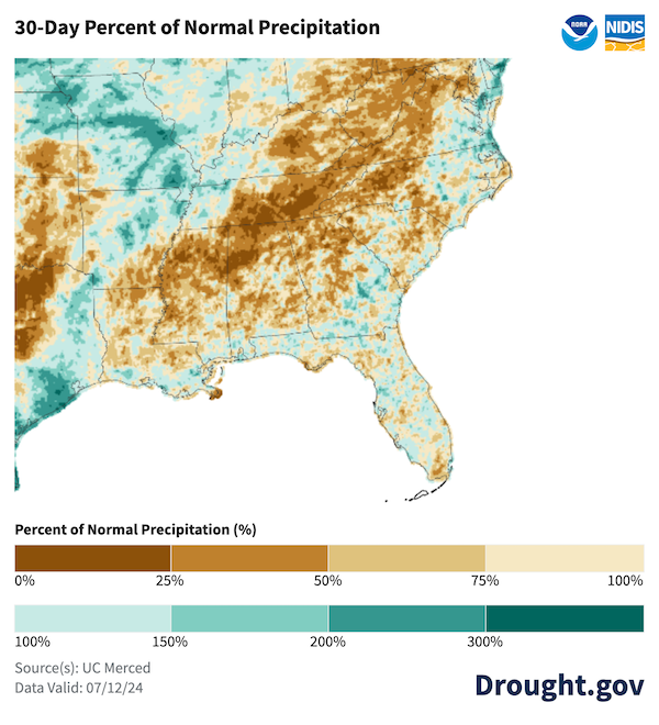 Much of the Southeast experienced below-normal precipitation and worsening drought conditions, while above-normal precipitation in Florida significantly improved drought conditions there. 