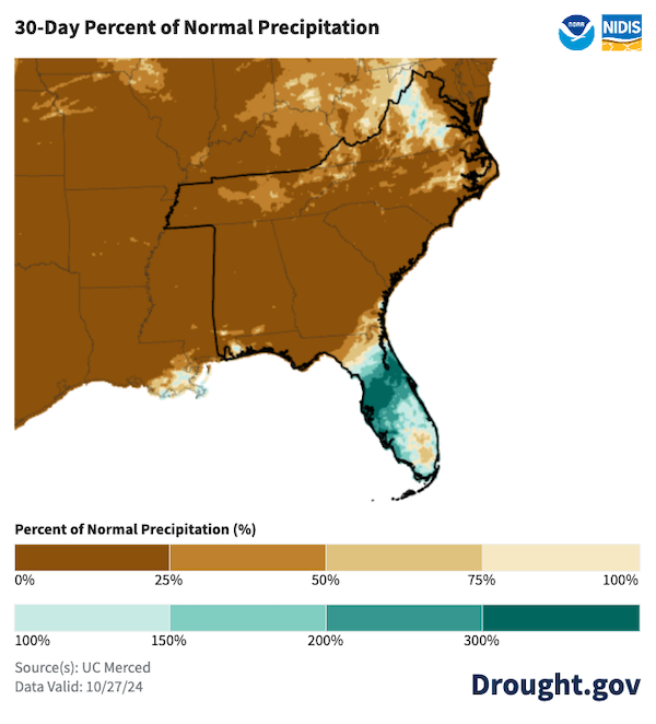 Much of the Southeast received little to no precipitation between September 28 - October 27, with the exception of the Florida peninsula and Virginia.