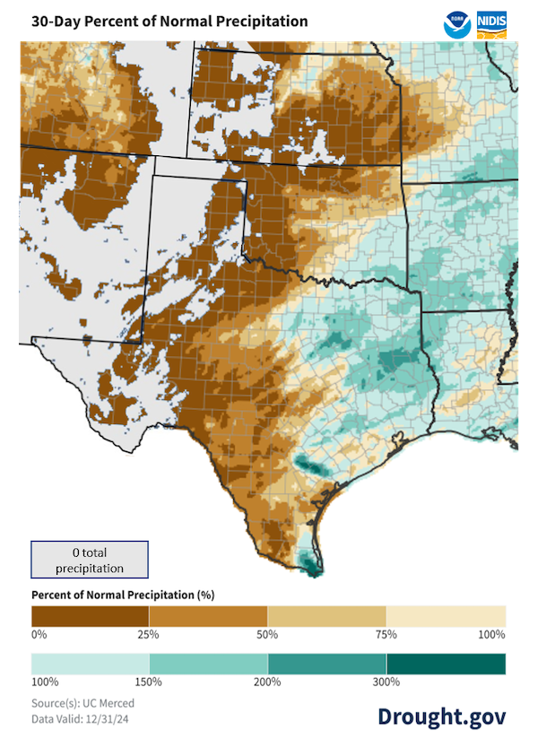 From December 1-31, 2024, precipitation was less than 25% of normal in eastern Texas, Oklahoma, and Kansas, with a large area of western Texas, Oklahoma and Kansas, and eastern New Mexico and Colorado that received 0.0 inches for the month. 