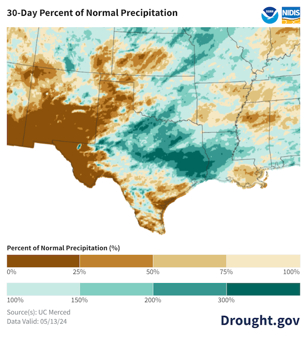 ver the past 30 days, precipitation has been below normal for much of the Texas coast, the Texas and Oklahoma Panhandles, and southwestern Kansas. Other parts of these states received near- to above-normal precipitation.