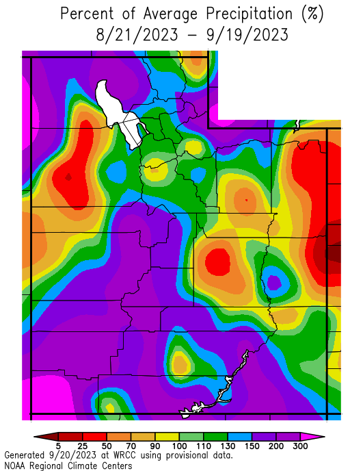 Percent of average precipitation for Utah for August 21–September 19.