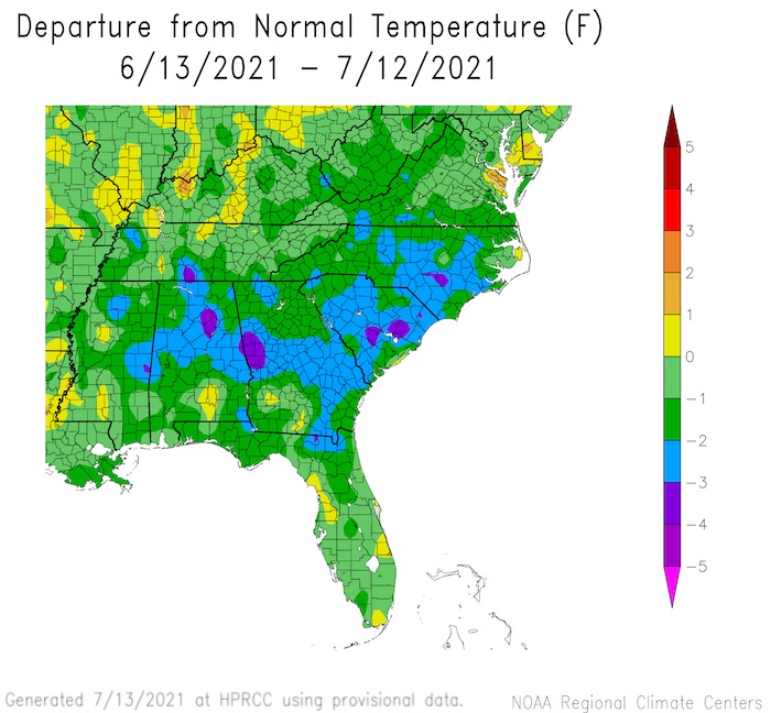 Departure from normal temperature across the Southeast from June 13 to July 12, 2021. Temperatures were near to below normal in much of the region.
