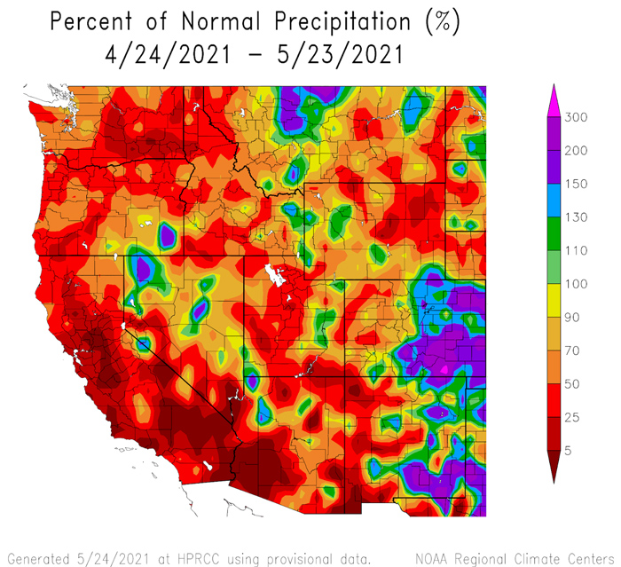 30-day percent of normal precipitation for the western U.S., from April 24 to May 23, 2021. Eastern Colorado and parts of eastern New Mexico saw above-normal precipitation, with below-normal conditions across much of the rest of the Intermountain West.