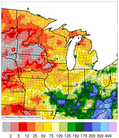 From September 21-October 20, 2024, a majority of the Midwest region received below-normal precipitation. Much of Minnesota and Iowa only received 0-25% of normal precipitation.