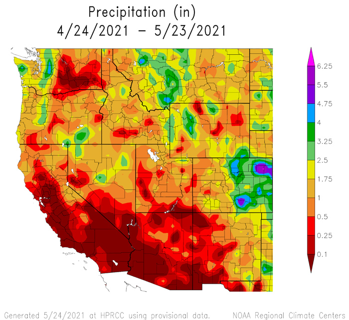 30-day precipitation totals (in inches) for the western U.S., from April 24 to May 23, 2021. Eastern Colorado saw the most precipitation in the Intermountain West, with 2 to 5 inches of accumulated precipitation since April 24.
