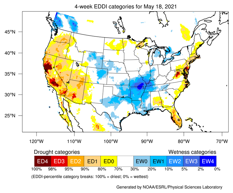  4-week averaged Evaporative Demand Drought Index (EDDI) as of May 18, 2021. Areas of average to low EDDI are shown in white and blue and cover most the northwest, including northern California. This area extends to northern Nevada, northern Utah, Wyoming, and northern Colorado. Areas of high EDDI are shown in yellow and red and cover southern California, Arizona and New Mexico and also the Great Lakes region. 