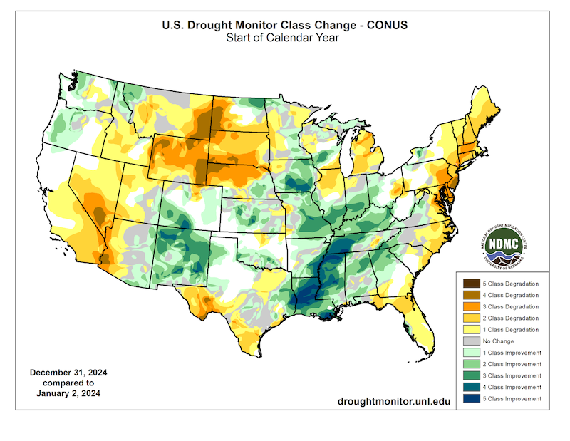 Drought worsened in the Northeast, parts of the Midwest, southern California/Nevada, and in the Northern Rockies and Great Plains.  Conditions improved in the Mississippi River Valley,  New Mexico, and parts of the Pacific Northwest. 