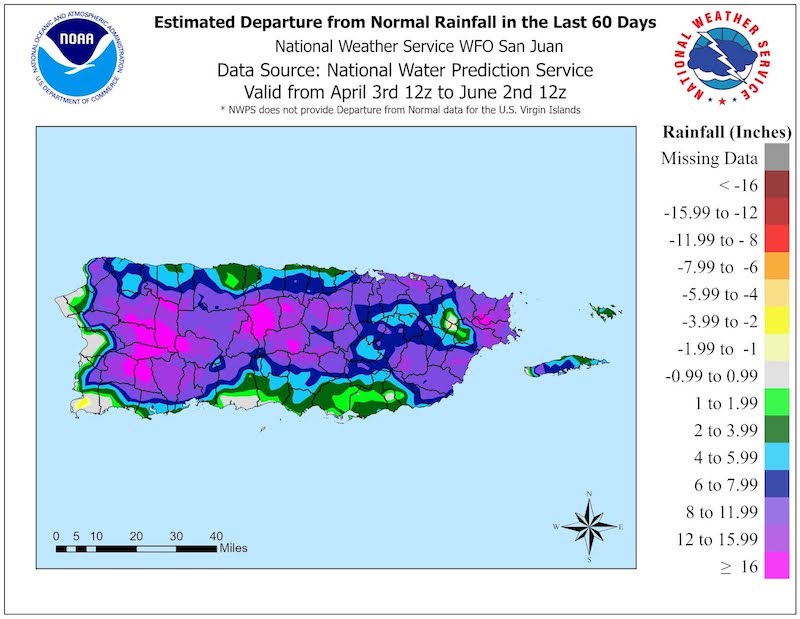Almost all of Puerto Rico observed above-normal rainfall in the past 60 days. Areas across western Puerto Rico collected more than 20 inches above the climatological mean.