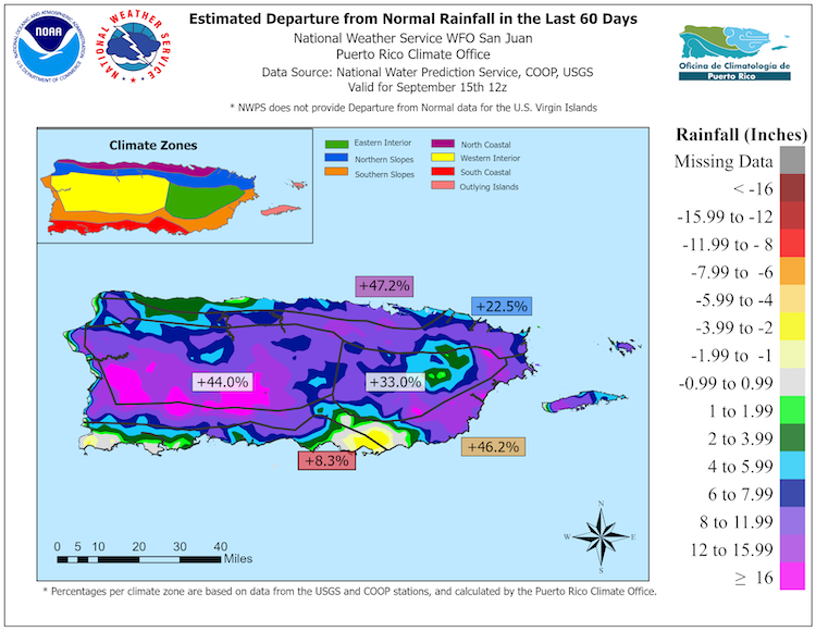 Over the past 60 days, rainfall has been above normal across most of Puerto Rico. The largest surpluses were in the interior and west, where some areas had rainfall more than 16 inches above normal.