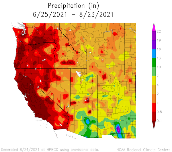Precipitation totals for June 25 to August 23, 2021 for the Western U.S., , representing approximately the monsoon season, which began on June 15.