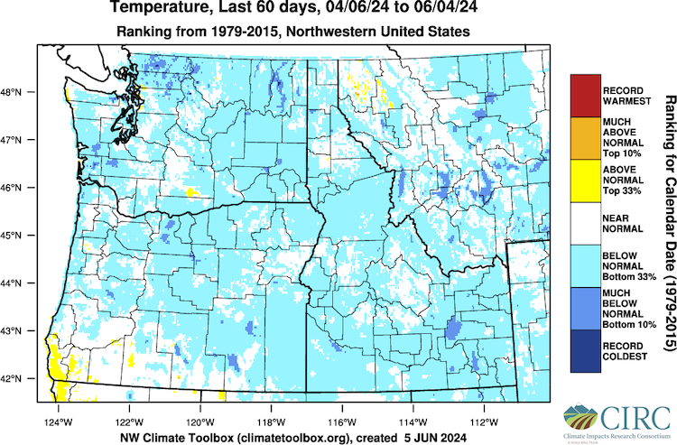 Daily mean temperature percentiles across Washington, Oregon, Idaho, and Montana west of the Rocky Mountains from April 6 through June 4, 2024, compared to 1979-2015. Temperatures across the majority of the region were near normal or in the coldest third of historical temperatures. Temperatures in parts of northern Washington were in the bottom tenth percentile.