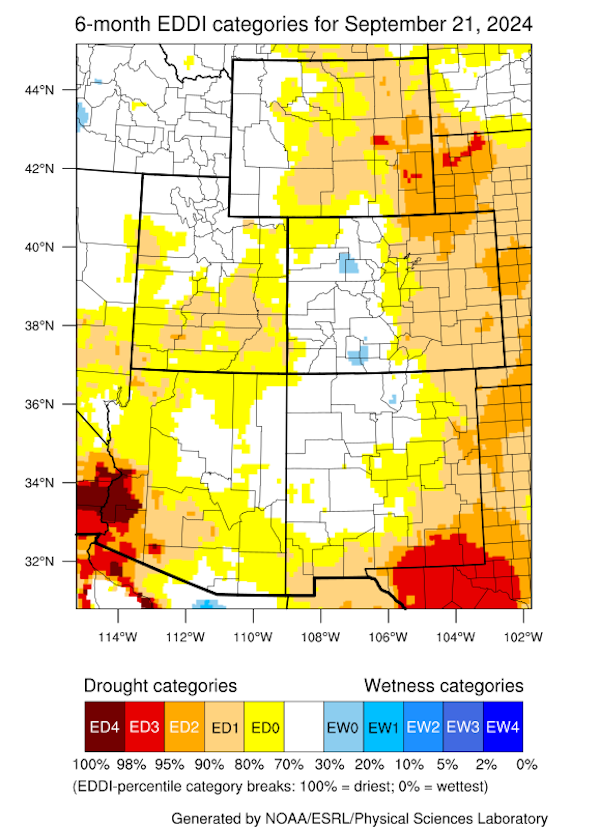 Impacts of high spring and summer temperatures are evident in the Evaporative Demand Drought Index (EDDI), notably in southeastern Wyoming, southwestern Arizona, and southeastern New Mexico.