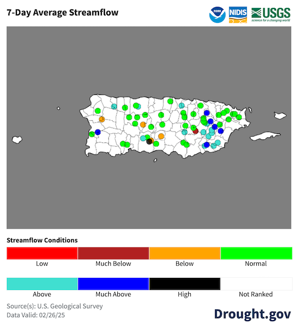 7-day average streamflows are normal to much-above-normal across most of Puerto Rico.